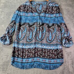 Sara‎ Michelle Womens Semi Sheer Paisley Blouse Blue Black Boho Evening Out M